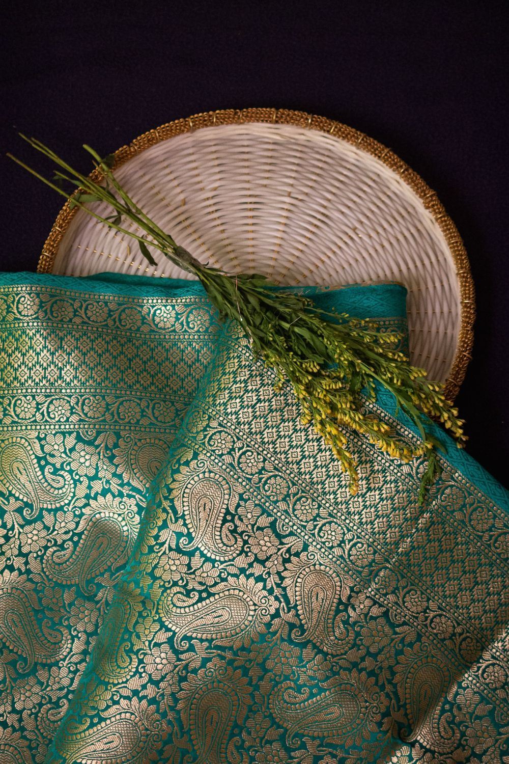 Teal Banarasi silk brocade with gold paisley weave