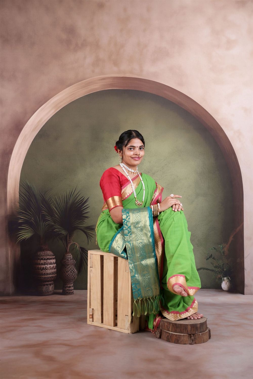 Green cotton saree with zari border